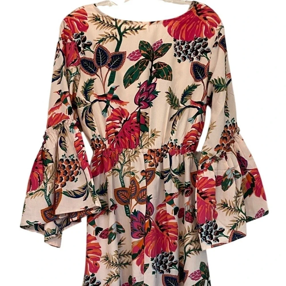 Raga Floral Cutout Bell Sleeve High Low Midi Dress Pink Multi R4561 Womens M NEW